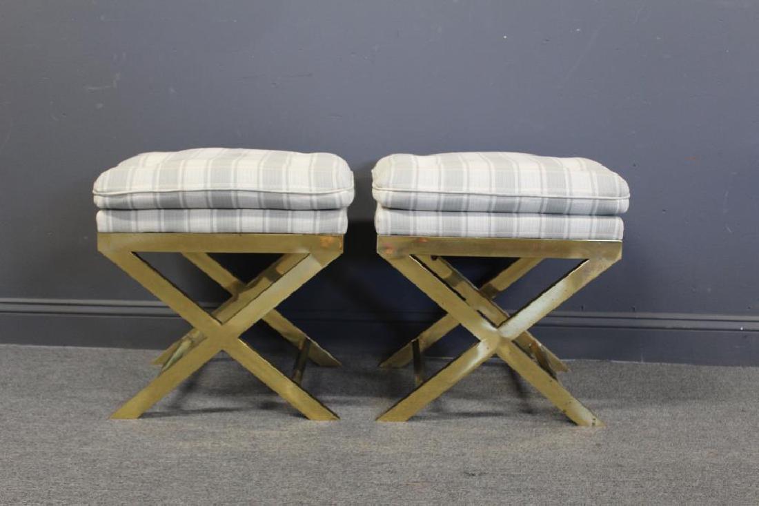 Pair Of X Form  brass stools With Cushions (1 of 5)