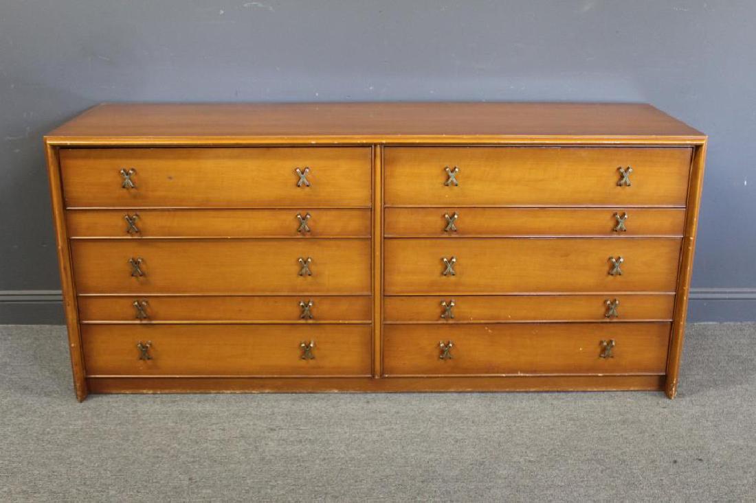MIDCENTURY. Paul Frankl Double Dresser: Marked Johnson Furniture Company Dresser with "X" form handles and ten drawers by Paul Frankl and from a Weston CT estate. - Dimensions: 32"h, 72.5"w, 22.75"d