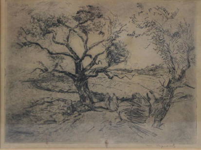 MEYEROWITZ, William. Etching. Figures in Landscape: . Signed lower right. William Meyerowitz (Ukranian, active in America, 1887-1981). From a Larchmont, NY storage. - Dimensions: Sight: 8.25" high x 10.5" wide