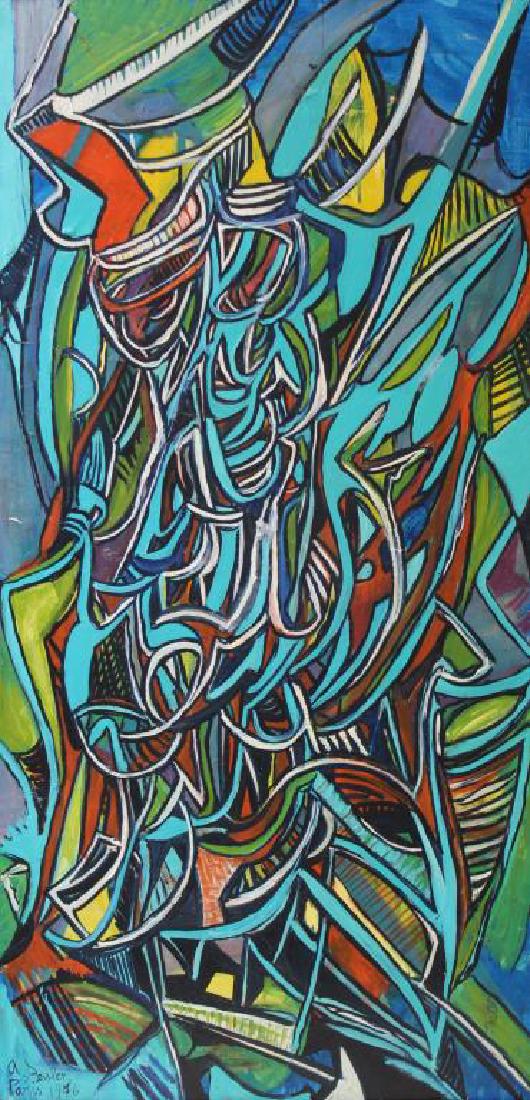 SESSLER, Nancy. Oil on Canvas. "Musique de: Visages". 1976. Signed and dated lower left. Label affixed to stretcher verso. From a Larchmont, NY storage. - Dimensions: 47.25" high x 23.5" wide