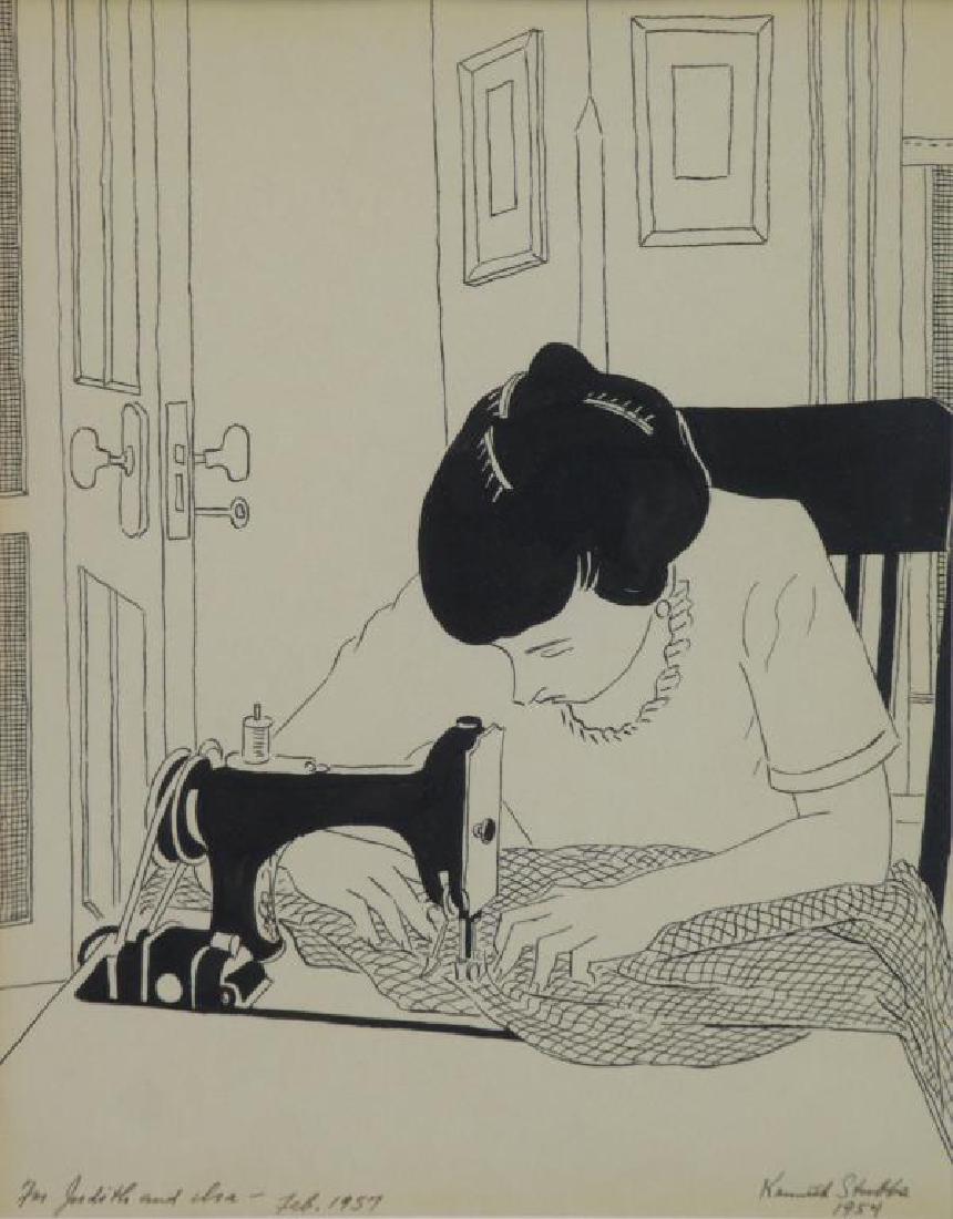 STUBBS, Kenneth. Ink on Paper. Woman Sewing, 1954.: Signed and dated lower right. Dedicated lower left: 'For Judith and Ira - Feb. 1957'. Kenneth Stubbs (American, 1907 - 1967). - Dimensions: sight - 9.75" high x 7.75" wide.