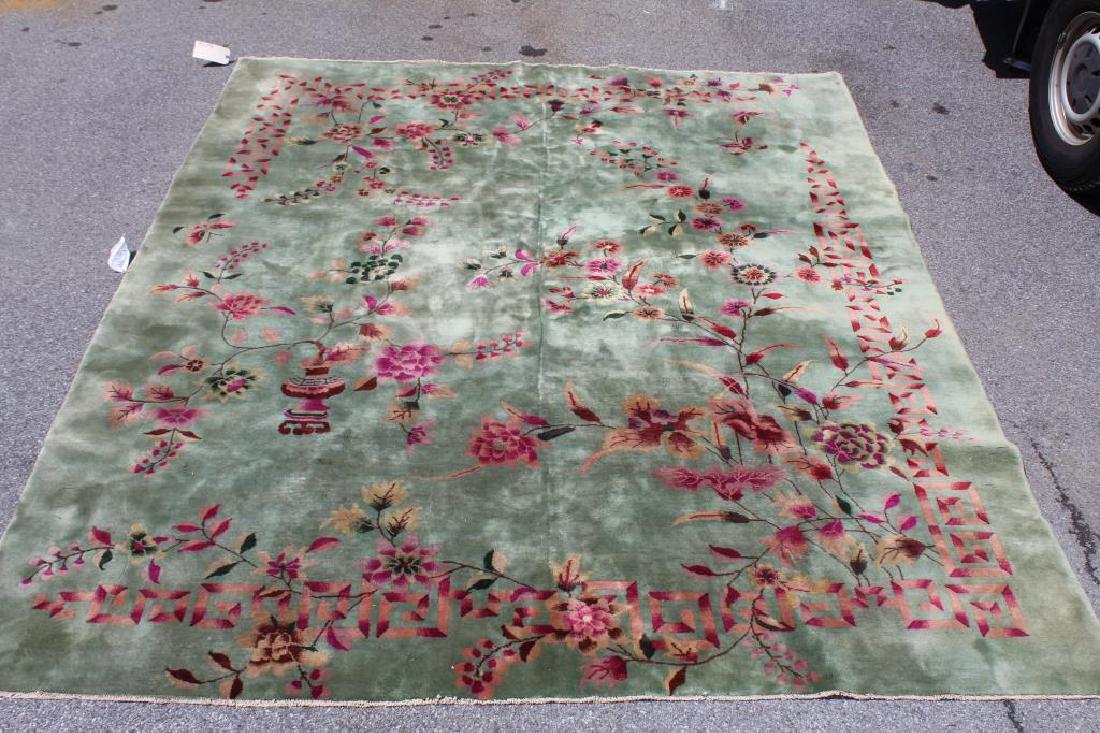 Art Deco Green Ground Chinese Handmade Floral Rug (1 of 8)