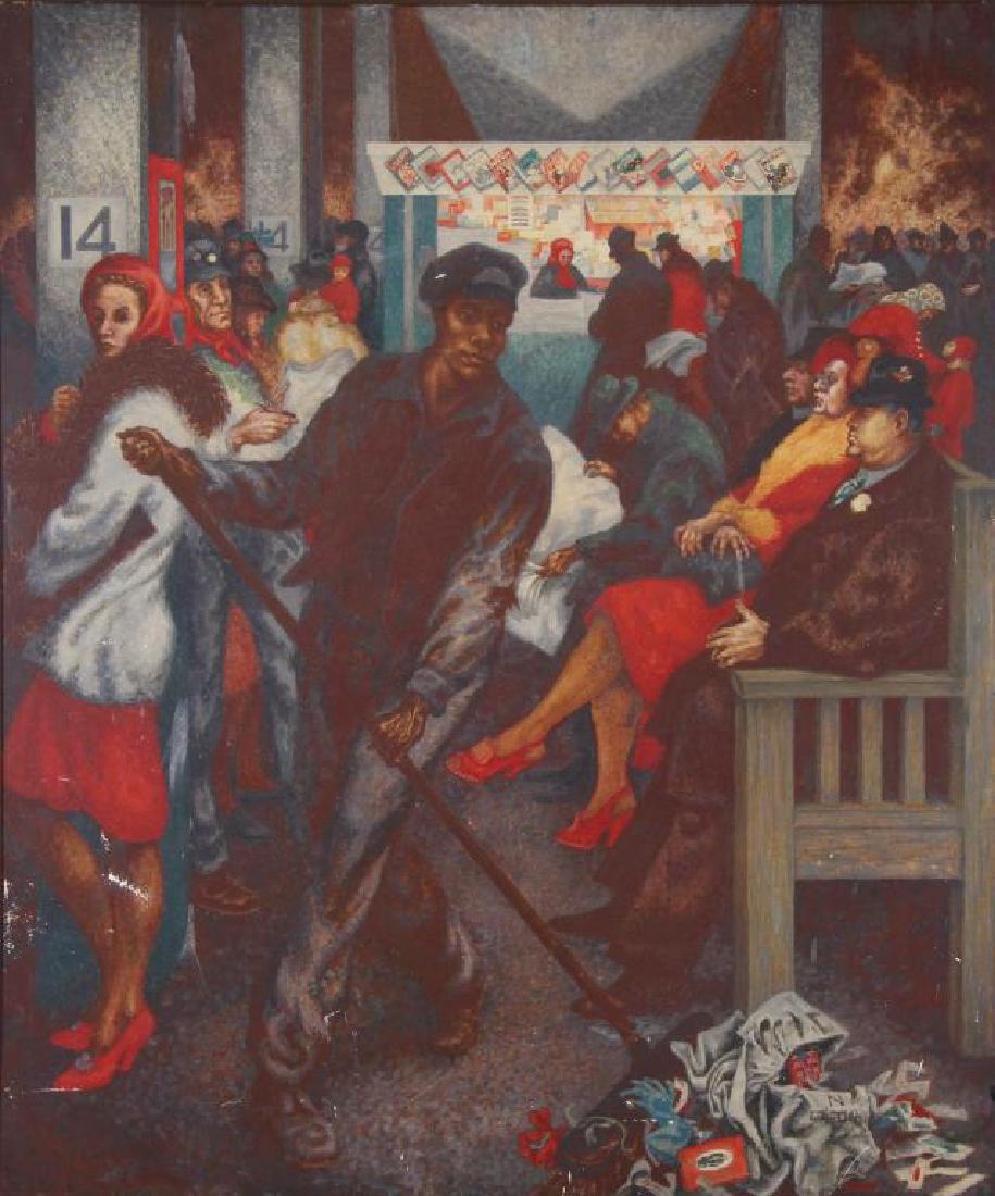 Ashcan School. 14th Street Subway. Egg Tempera (?): on Masonite. Not visibly signed. In the manner of Reginald Marsh. Remnants of unknown exhibition label affixed verso. - Dimensions: 48" high x 40" wide.