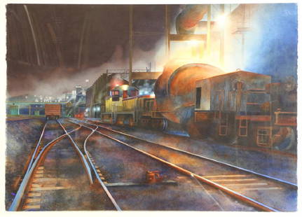 DAUB, Matthew. Watercolor. Trainyard.: Signed and dated 1993 lower right. Matthew Daub (American, 20th C). From a Nyack, NY home.