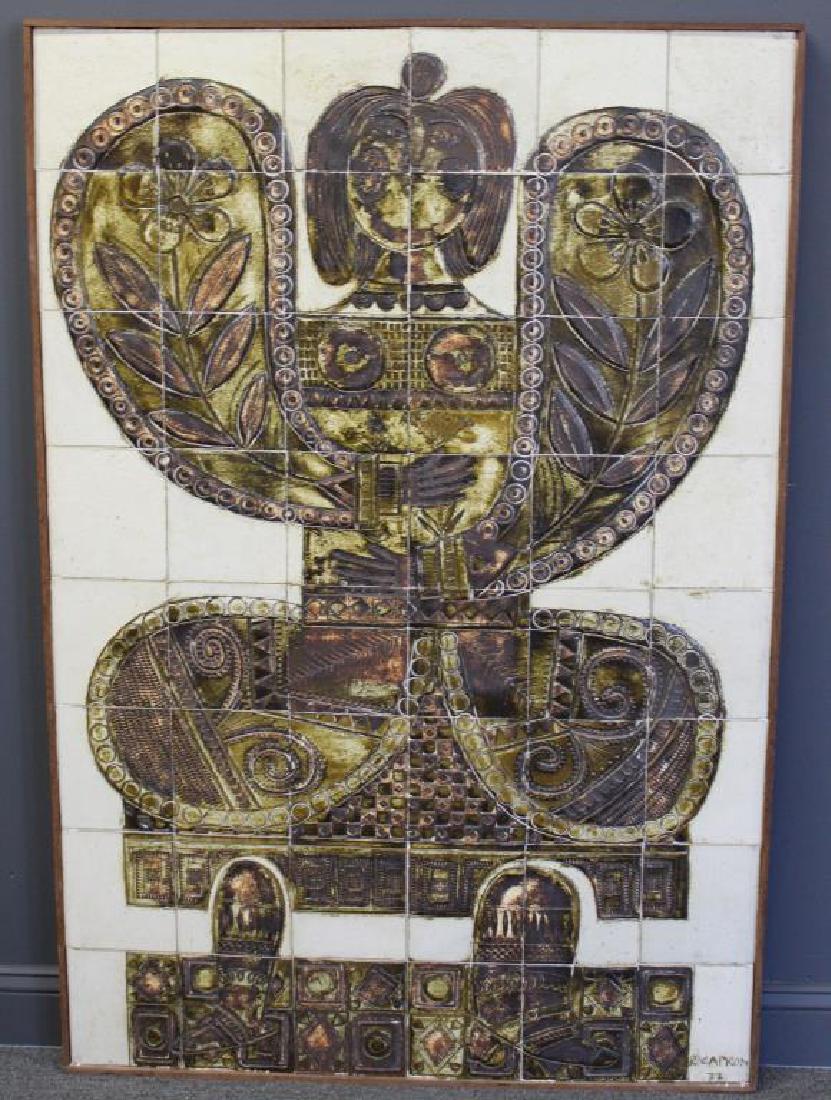 CAPRON, Roger. Large & Impressive Framed Ceramic: Tile Composition of an Angel. Signed. Roger Capron (French, 1922 - 2006). From a Long Island City, NY estate. - Dimensions: 60" high x 40" wide x 2.25" deep.