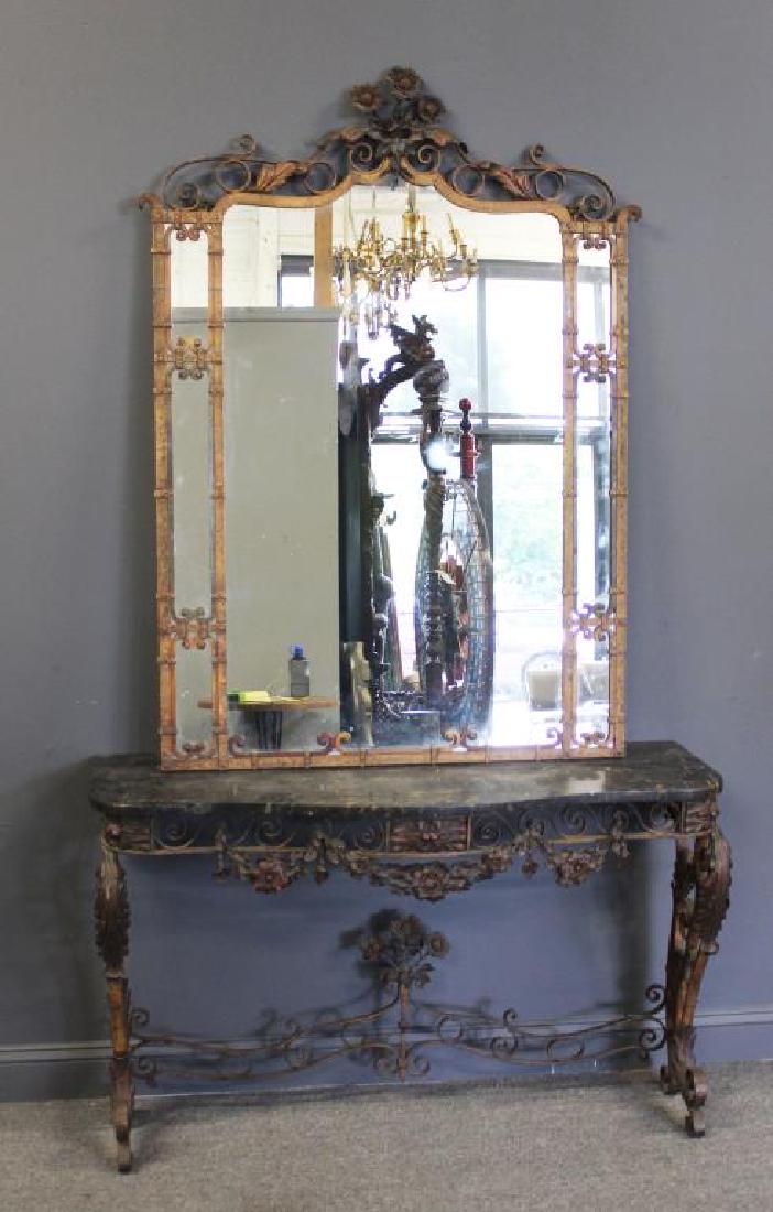 Antique Patinated Wrought Iron Marbletop Console: and Mirror . Great quality, good size and with floral decoration, serpentine front and hammered finish. From a White Plains, NY estate. Dimensions: 49.5" w x 18" d x 31.5" h, mirror 40&