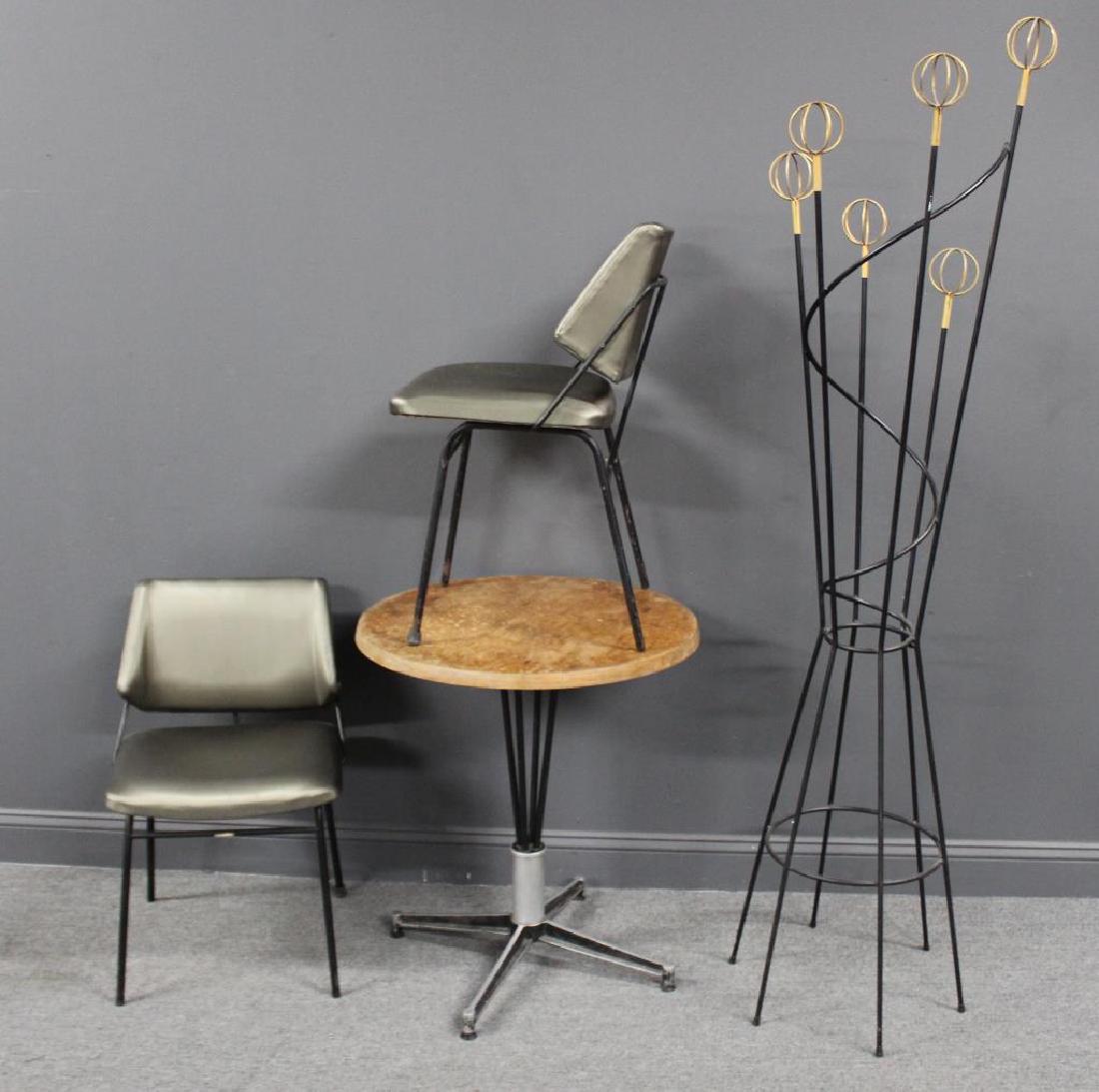 MIDCENTURY. Table, Pr of Chairs and a Planter ?: Most likely French and from a L.I. estate. Dimensions: table - 25.5" diam x 28.75" h, chair - 18" w x 17.5" d x 29" h, planter - 21" diam x 73" h.