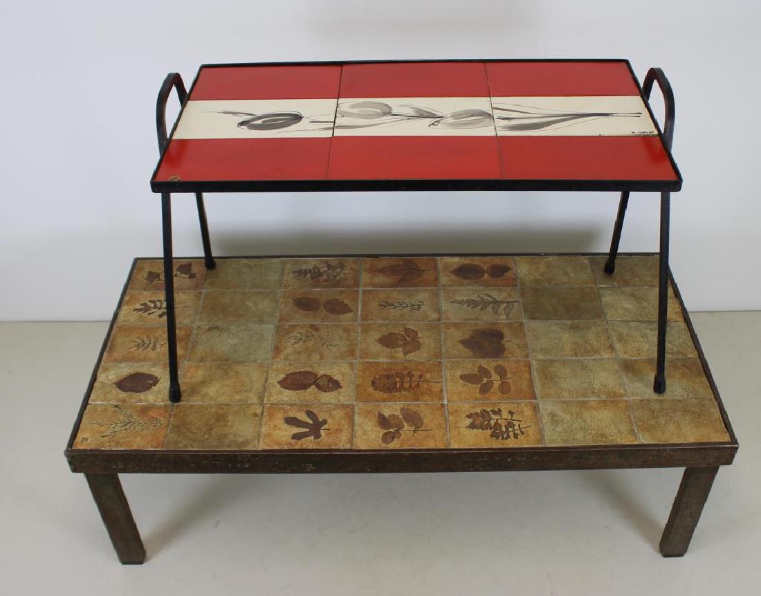 CAPRON, Roger. 2 Ceramic and Iron Tables.: Both signed ( Roger Capron French 1922 - 2006 ) and from a L.I.C. NY estate. Dimensions: 25.25" w x 12.5" d x 16.5" h and 36.5" w x 17.25" d x 11.75" h.