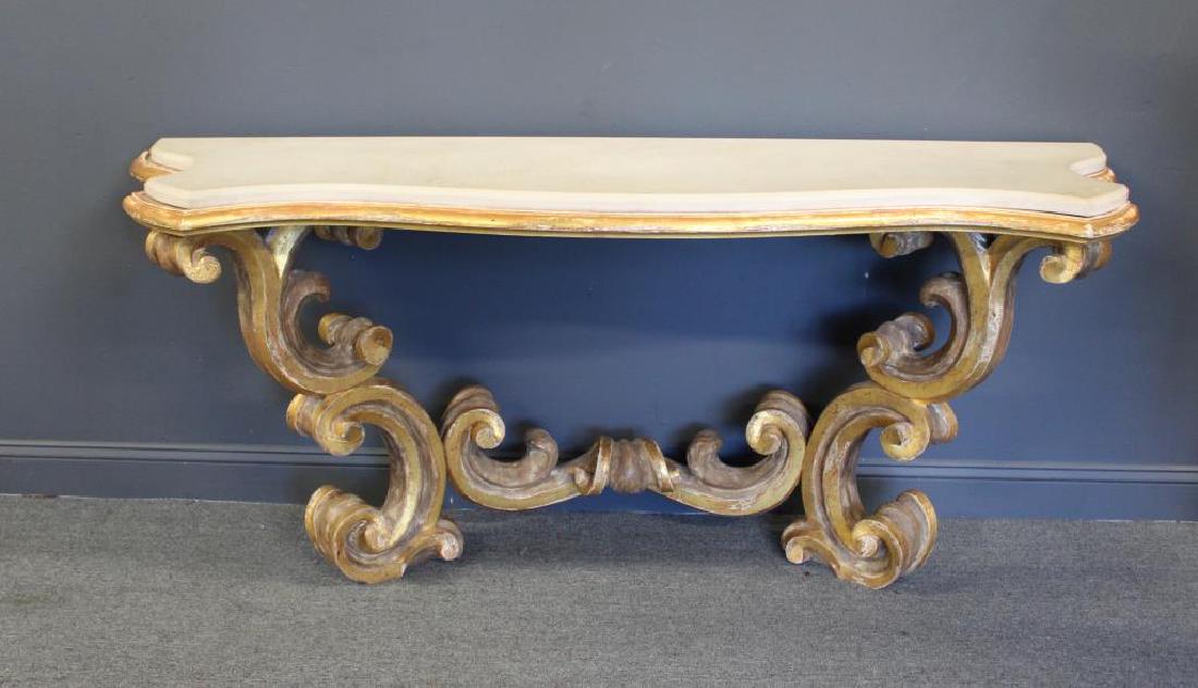 Vintage Carved & Giltwood Rococo Stone: Console. From a Fort Lee, N.J. estate. - Dimensions: 74" x 23" d x 33" h.