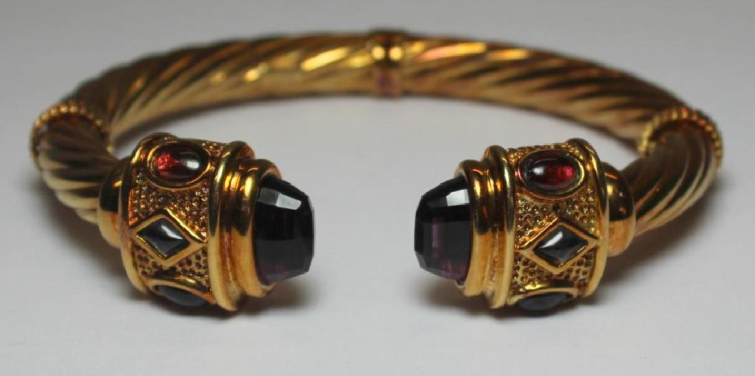 JEWELRY. David Yurman STYLE 14kt Gold and Colored: Gem Bracelet. Italian 14kt gold hinged cable bracelet with faceted amethyst terminals and colored gem cabochon accents of various shapes. Stamped, "14kt, Italy" to interior plaque of bracele