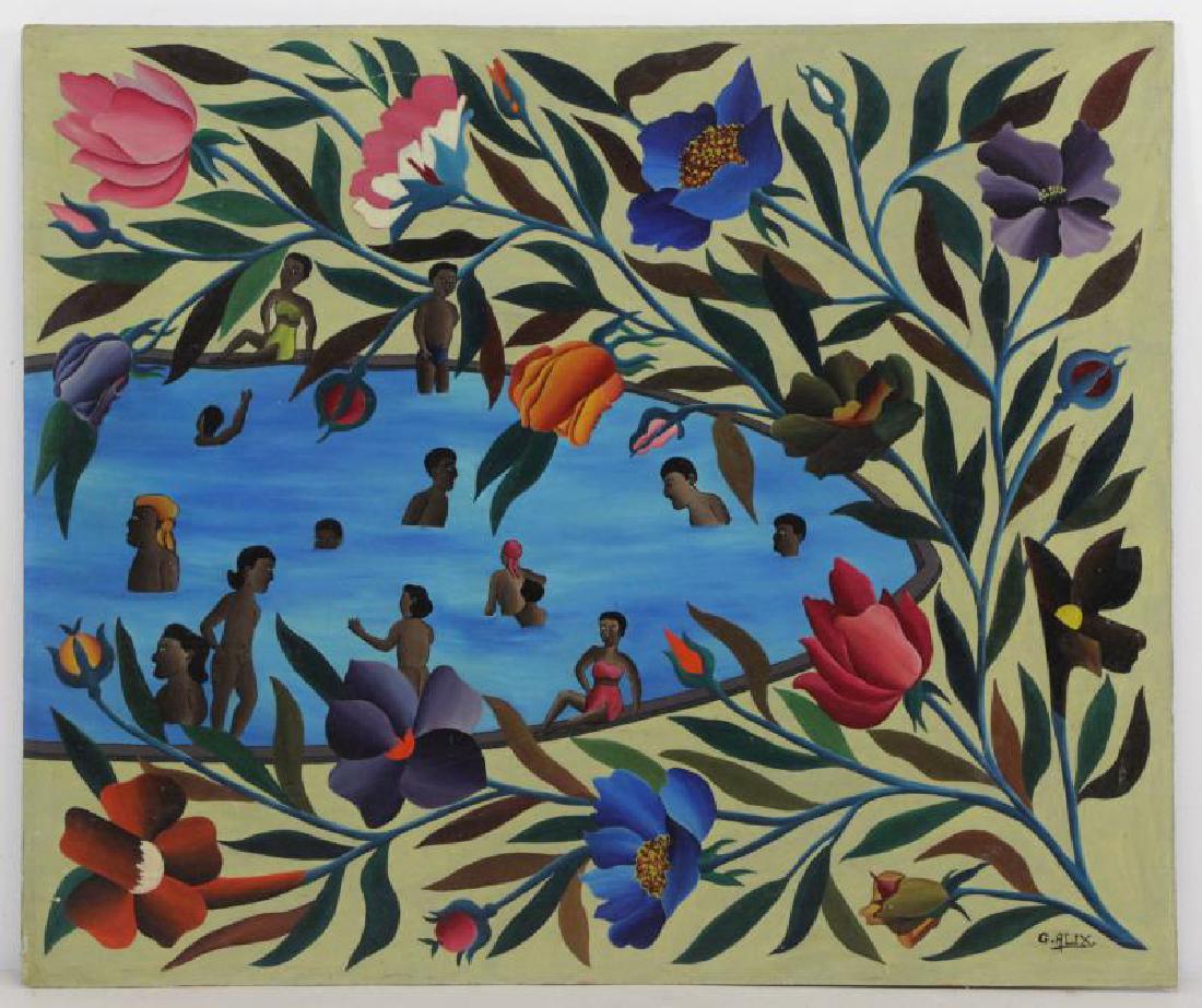 ALIX, Gabriel. Oil on Masonite. Bathers.: Signed lower right. Gabriel Alix (Hatian, 1930 - 1998). From a Larchmont, NY storage. - Dimensions: 20" high x 24" wide.