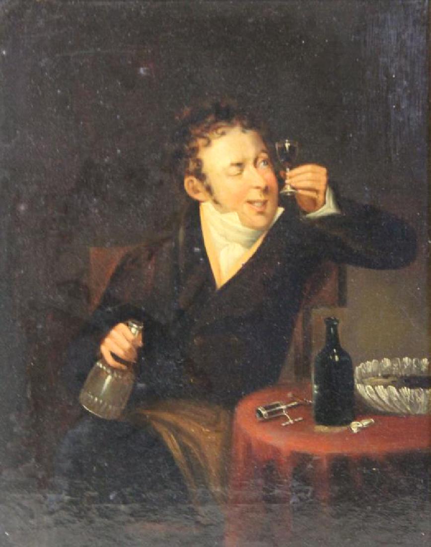 LESLIE, George Dunlop. Oil on Canvas. Man: Drinking Wine. Signed lower left. George Dunlop Leslie (English, 1835-1921). From a Larchmont, NY storage. - Dimensions: 11.5" high x 8.75" wide