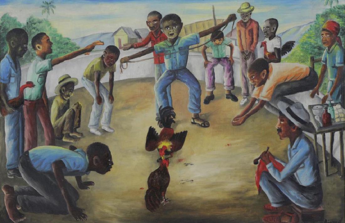 WILSON, Biguad. Oil on Board. Cock Fight.: Signed lower right. Wilson Bigaud (Haitian, 1931 - 2010). From a Larchmont, NY storage. - Dimensions: 15" high x 23" wide