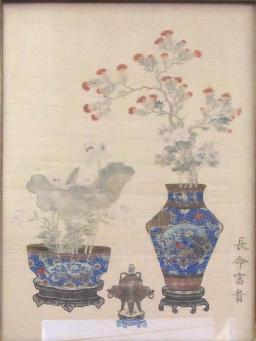 Chinese Painted Still Life on Silk.: With inscription "long life and good fortune." From a Hastings, NY estate. - Dimensions: 23.25" h x 14.75" w.