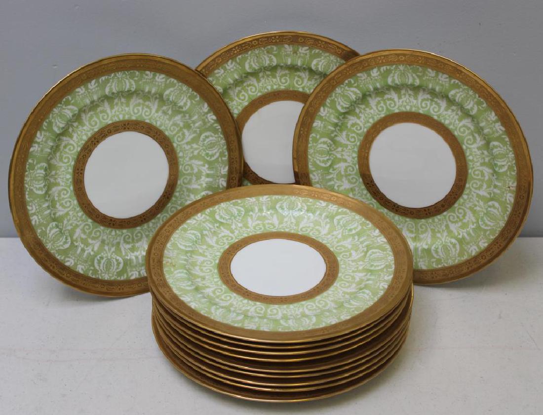 12 Green & Gilt Decorated Porcelain Dinner Plates. (1 of 4)