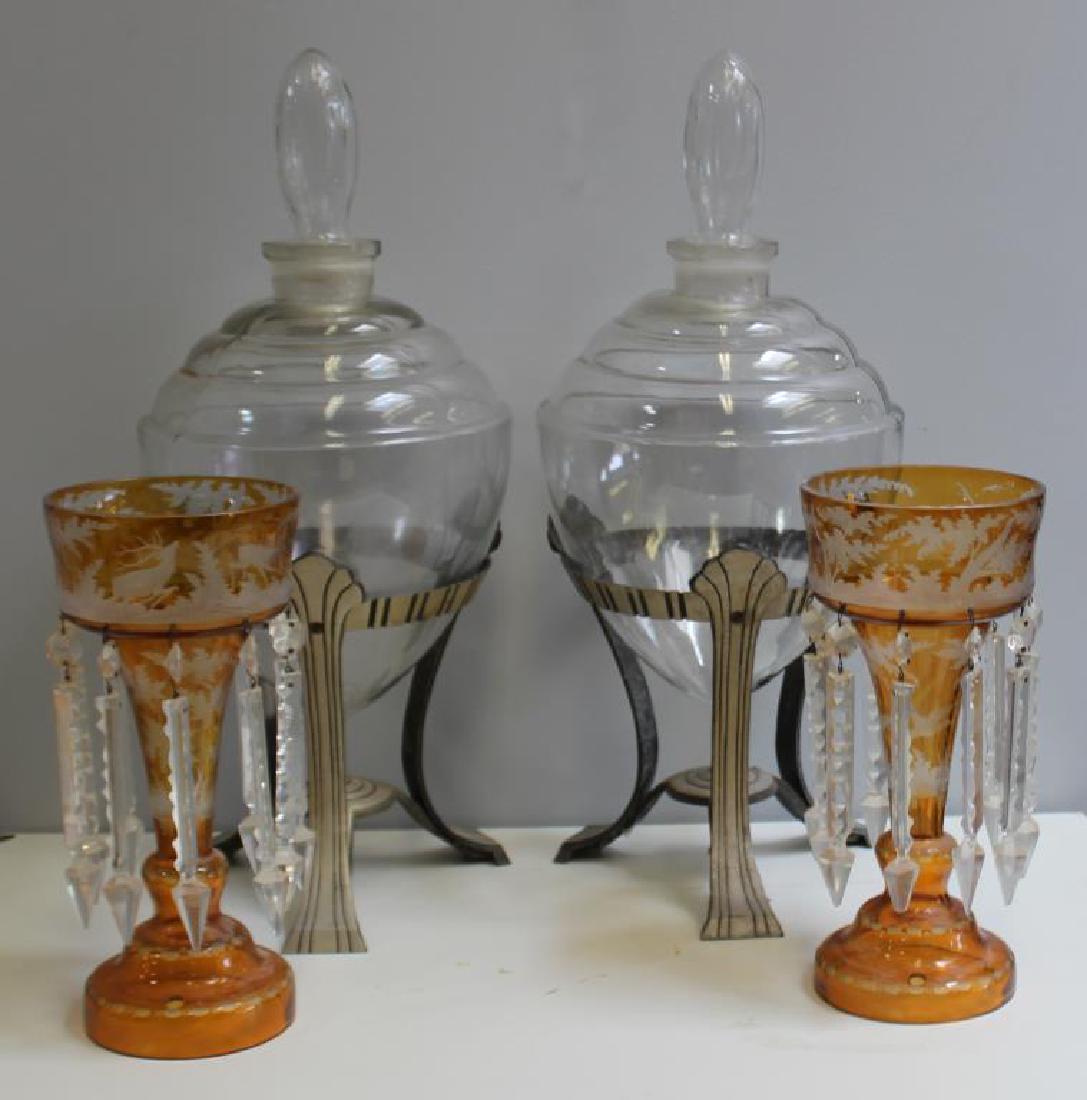 Pair of Etched & Amber Glass Lusters together with (1 of 6)