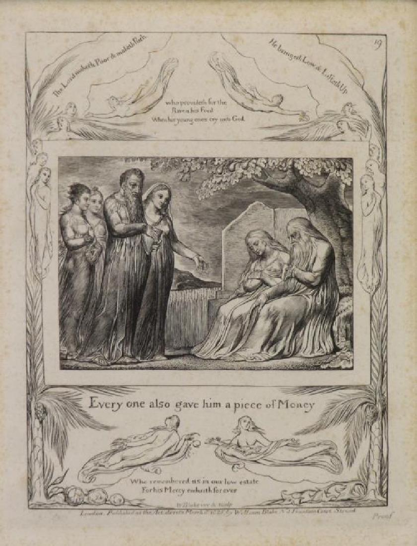 BLAKE, William. Engraving. From the "Book of Job:: Every one also gave him a piece of money" (Plate 19). Housed in a Heydenryk frame. Published London 1825 by William Blake (British, 1757-1827). From a White Plains, NY home. - Dimensions: plate -