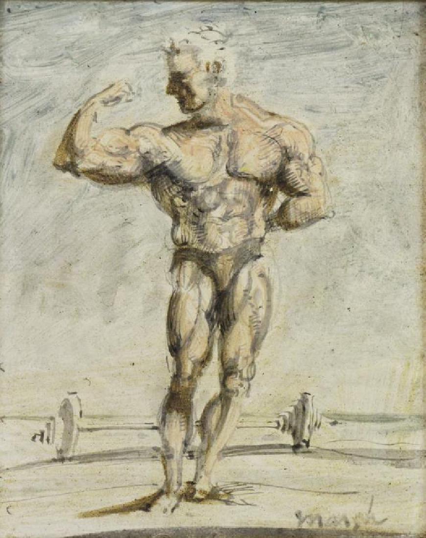 MARSH, Reginald. Oil on Board. Body Builder.: Signed lower right. Reginald Marsh (American, 1898 - 1954). From a Bronxville, NY estate. - Dimensions: 4.75" high x 4" wide.