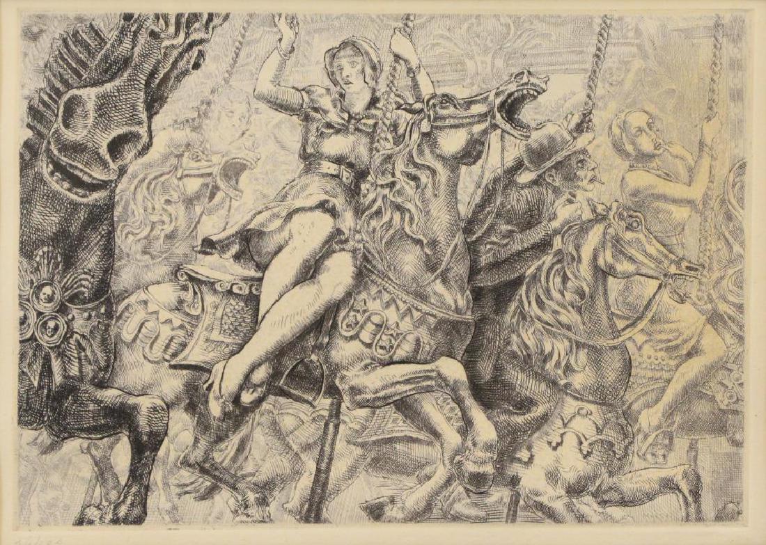 MARSH, Reginald. Etching. "Merry-Go-Round": Signed in the plate lower right, blind stamp in lower right margin, numbered 26/100 in pencil lower left margin. Housed in a Heydenryk frame. Reginald Marsh (American, 1898-1954). From a White Plains,