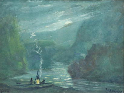 EILSHEMIUS, Louis. Oil on Board. Campfire.: Signed lower right, dated 1921 lower left. Louis Michel Eilshemius (American, 1864 - 1941). From a Bronxville, NY estate. - Dimensions: Sight - 9.25" high x 12.5" wide.