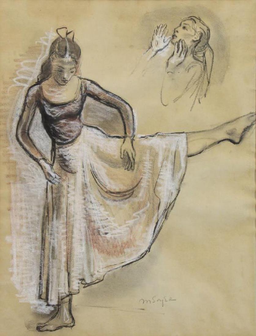 SOYER, Moses. Ink and Chalk on Paper. Dancer: Study. Signed lower center. ACA Gallery label on the reverse of the frame. Moses Soyer (American, 1899 - 1974). From a Larchmont, NY home. - Dimensions: sight - 23" high x 18" wide.