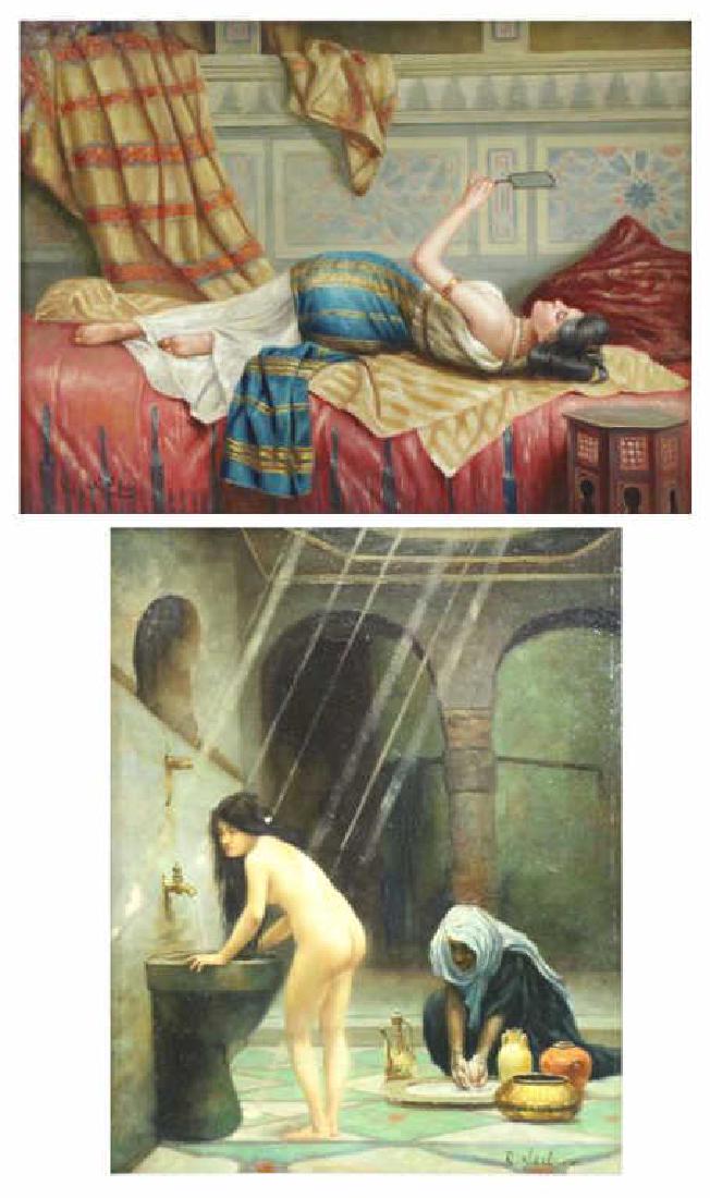 NEILSON, R. Two Orientalist Oils on Panel.: Reclining Woman - signed lower left, 12" high x 16" wide. Nude with Servant - signed lower right, 15.5" high x 11.5" wide.
