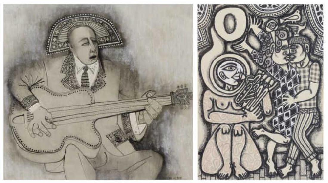 CLAWSON, Rex. Two (2) Mixed Media Works on Paper.: Guitarist - oil and ink on paper, signed and dated 1963 lower right, sight - 12.5" high x 13.5" wide. Dancers with Horn Player - gouache and ink on paper signed and dated 1970 lower right, 1