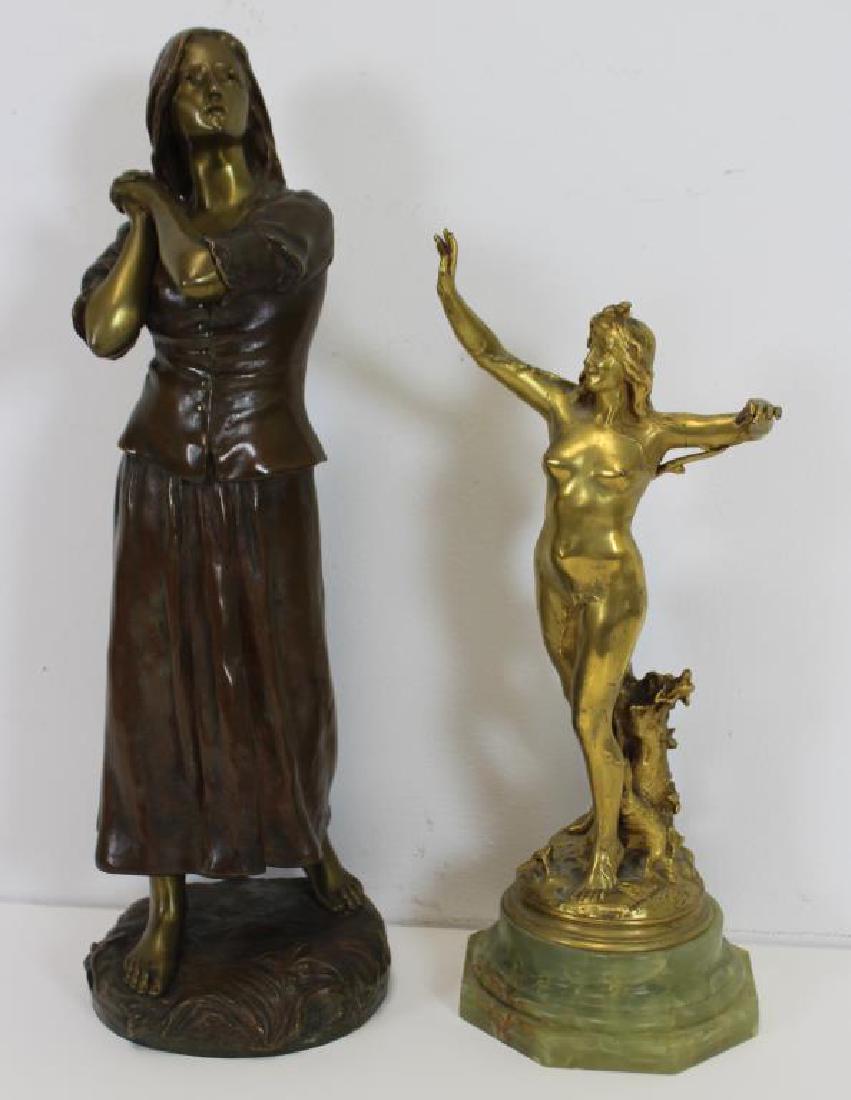 LARCHE, Raoul Signed Bronze Sculpture of a Young: Girl, together with a gilt bronze of a nude. Beautiful sculptures with nice original brown patina 17" and gilt patina 12" or 14" with marble both signed ( Raoul Larche French 1860 -1912