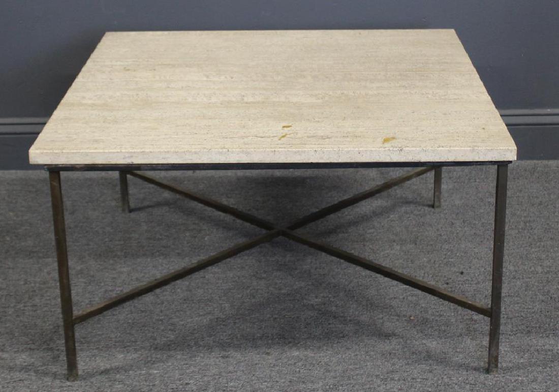 MIDCENTURY. Travertine Table with Brass Base.: Possibly Paul Mc Cobb and from a Larchmont, NY estate. Dimensions: 30" x 30" x 16" h.