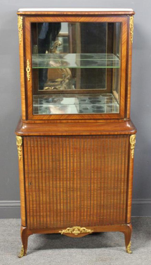 Antique Louis XV Style Bronze Mounted and: Marbletop Vitrine. From a Forest Hills estate. Dimensions: 26" w x 14" d x 55.5" h. Back from a previous auction due to non paying internet bidder KARIM ALI of Alexandria, Egypt