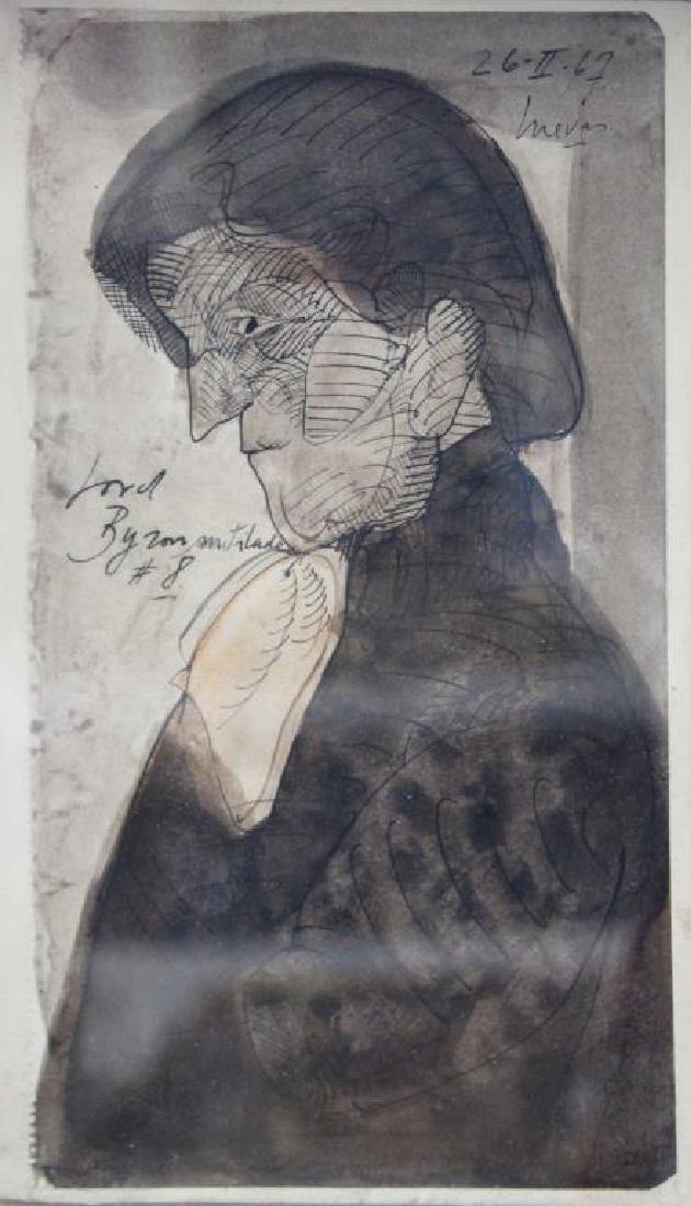 CUEVAS, Jose Luis. Ink and Wash on Paper.: "Lord Byron". 1967. Signed and dated upper right. Titled center left. From assorted collections and a Larchmont, NY storage. - Dimensions: 8.25" high x 5" wide