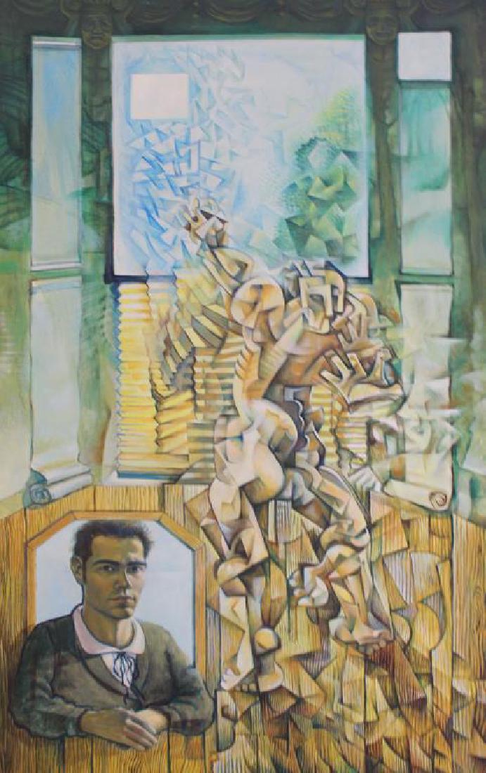 APPARENTLY UNSIGNED. Oil on Canvas. Cubist: Composition with Realistic Depiction of a Man. From assorted collections and a Larchmont, NY storage. - Dimensions: 59.25" high x 39.5" wide