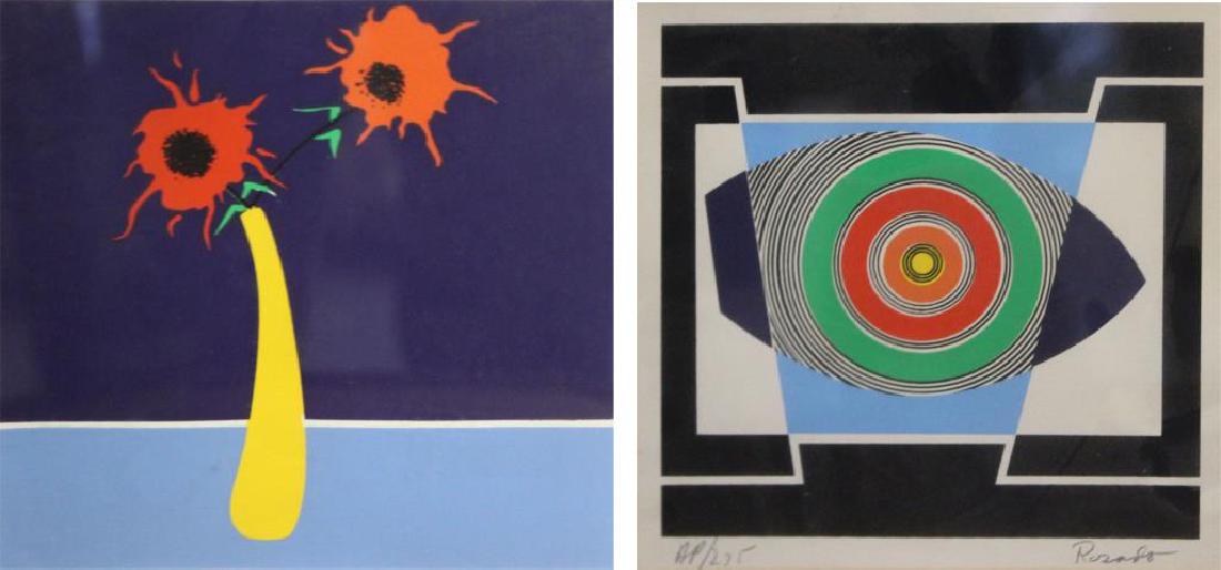 ROSADO. Lot of Two Serigraphs.: Abstract, signed lower right, toning, AP/275; Flowers, signed lower right, good, no. 66 from an edition of 275. From assorted collections and a Larchmont, NY storage. - Dimensions: Sight: 6.5" high x 