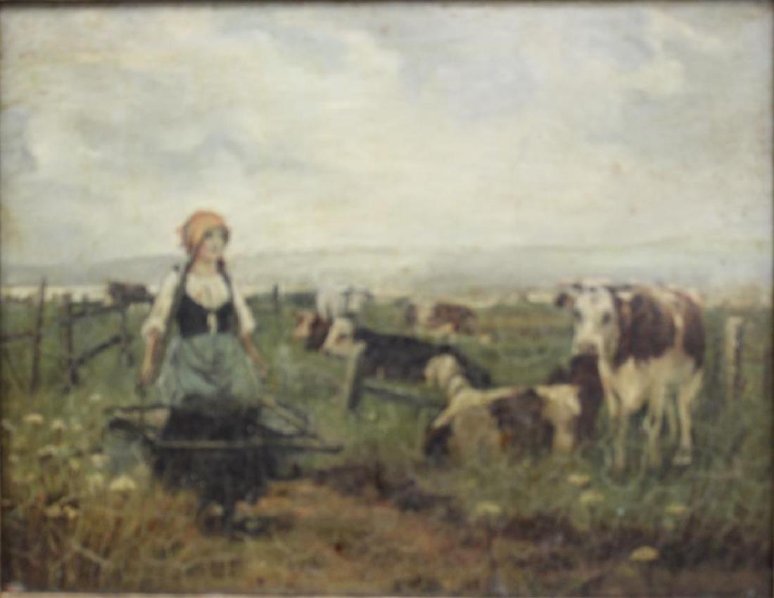 UNSIGNED. Oil On Board. Woman and Cows. (1 of 4)