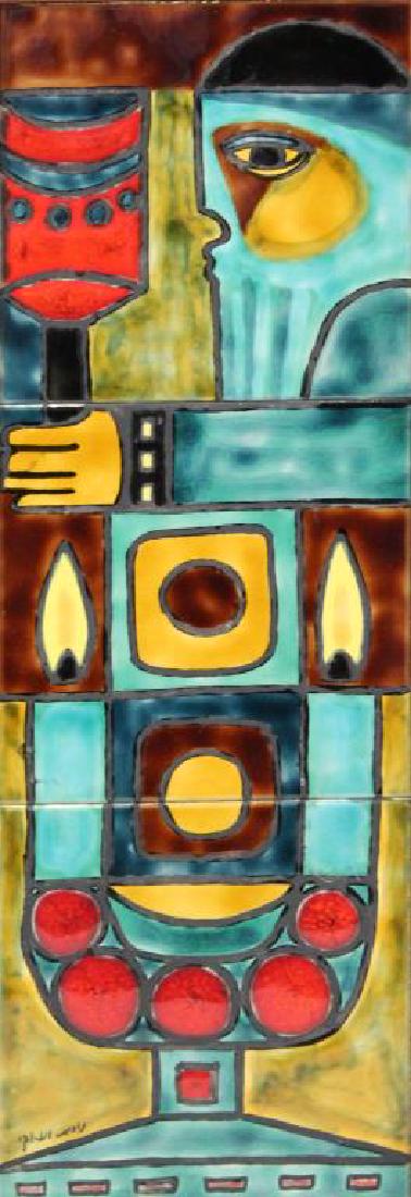 EIN. Reb. Ceramic. Art Tile. Kiddush.: Signed in Hebrew lower left. Inscribed verso. From assorted collections and a Larchmont, NY storage. - Dimensions: 17.75" high x 6" wide