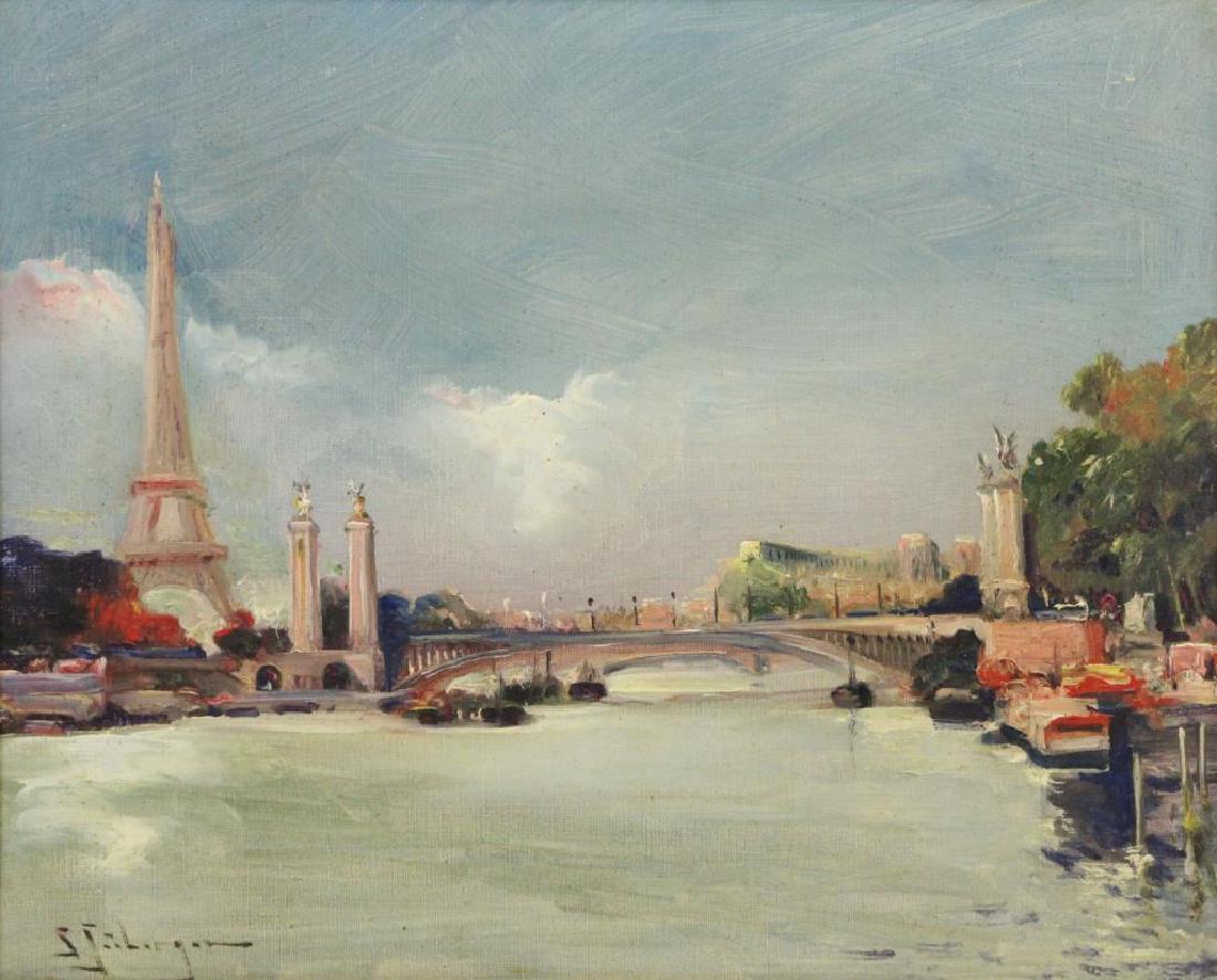 SEEBERGER, Samuel. Oil on Canvas. "La Seine: Signed lower left; titled on stretcher. Samuel Seeberger (act. 1875-1897). - Dimensions: 13.25" high x 16.25" wide.