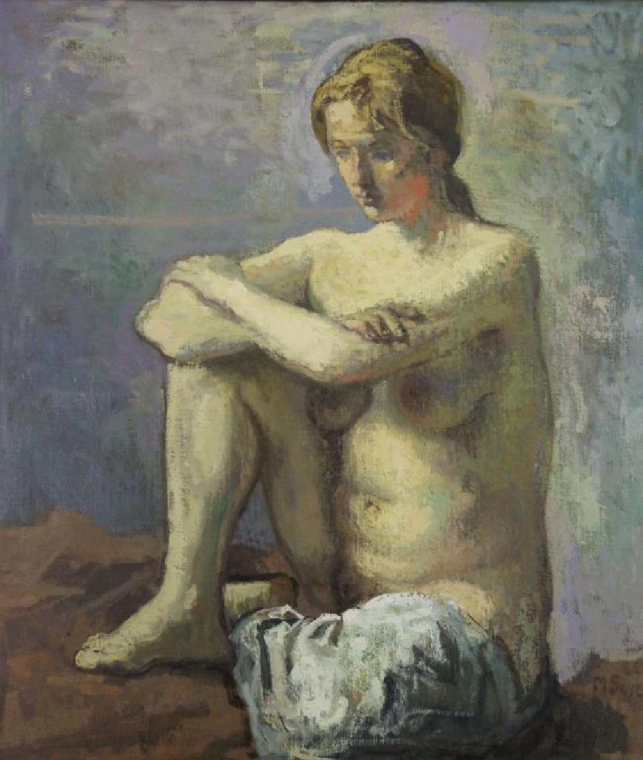SOYER, Moses. Oil on Canvas. "Seated Nude": Signed and dated lower right. Moses Soyer (American, 1899-1974). Exhibited in the Canton Art Institute's 1973 Exhibition "A Human Approach" with labels on the reverse of the frame. - Dimensi