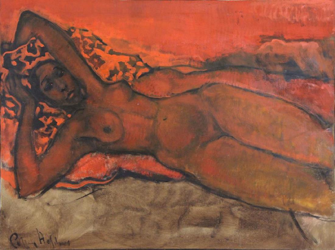 HOLDER, Geoffrey. Oil on Canvas. Reclining Nude.: (Carmen de Lavallade). Geoffrey Holder (African American, 1930 - 2014). From a Hempstead, NY home. - Dimensions: Overall - 30.75" high x 40.75" wide.