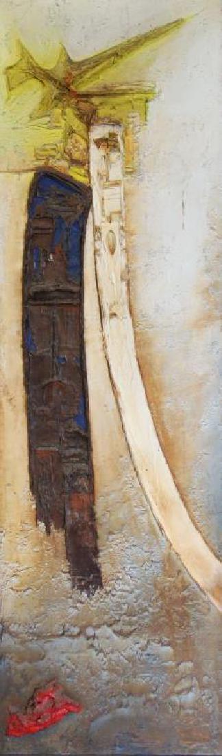 ASSETTO, Franco. Oil on Canvas. "Incontro ad: Osaka" 1959. Signed and dated lower left, further signed, titled and dated on the reverse. Franco Assetto (Italian, 1911-1994). - Dimensions: 78.75" high x 23.5" wide.