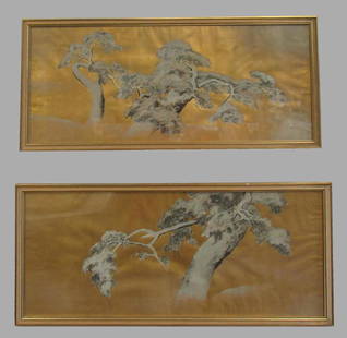 Pines in Snow, in the Manner of Maruyama Okyo.: A pair of paintings depicting monochromatic pines covered in snow against a gold-washed background in the style of Kano school paintings. From a White Plains, NY estate. - Dimensions: Framed 16.75" h