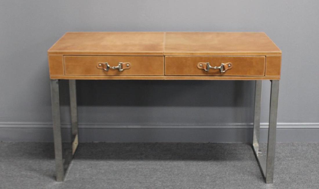 Leather 2 Drawer Desk Raised on Chrome Base. (1 of 6)