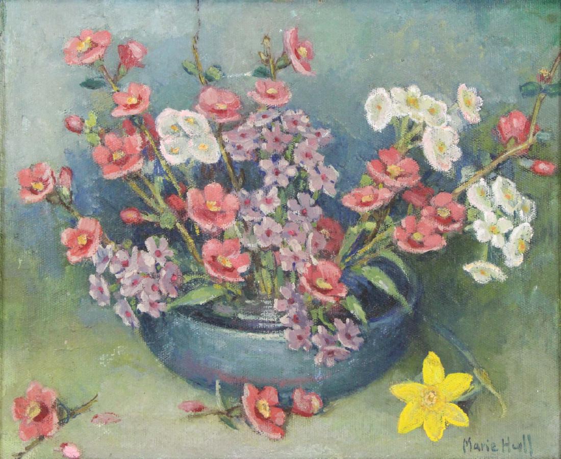 HULL, Marie. Oil on Masonite. Floral Still Life.: Signed lower right. Marie Hull (American, 1890-1980). From a Carmel, NY collection. - Dimensions: 13.5" high x 16.5" wide