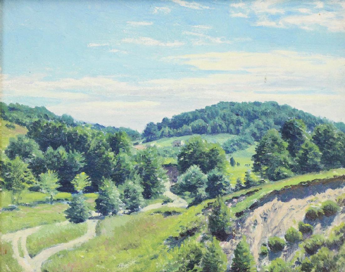 WILSON, James Perry. Oil on Panel. Hilly Landscape: . 1931. Dated verso. James Perry Wilson (American, 1889-1976). From a Greenwich, CT collection. - Dimensions: 8" high x 10" wide