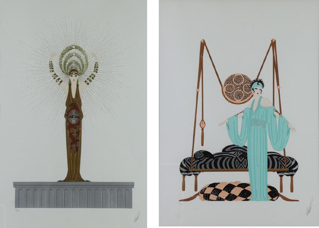 ERTE. Lot of Two Serigraphs. To Include:: "Pillow Swing", signed lower right, no. 62 from an edition of 300, sight: 25" high x 19.5" wide, framed behind glass, not examined out of frame, apparently good; "Circe", signed lower right, no. 171 f