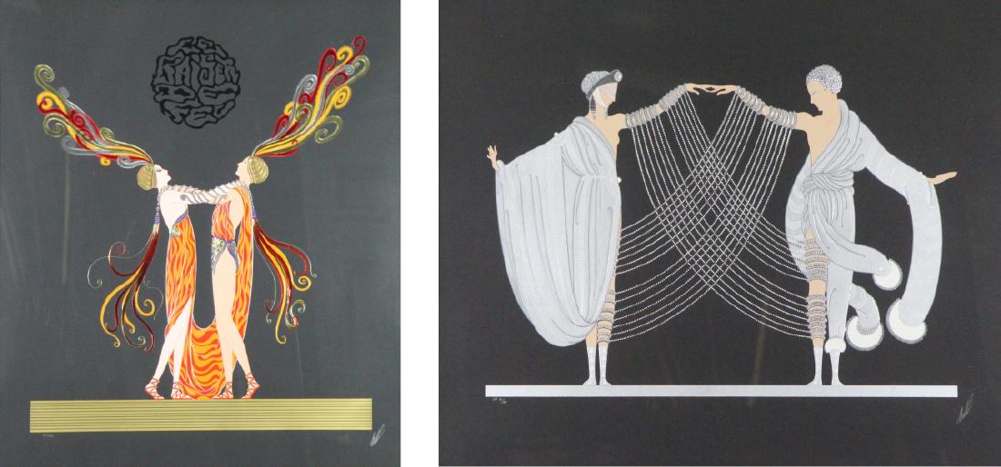 ERTE. Lot of Two Serigraphs. "Love and Passion: Suite". To include: "The Marriage Dance", signed lower right, AP no. 8/45, sight 27.5" high x 33" wide; "Kiss of Fire", signed lower right, AP no. 8/45, sight: 32.5&