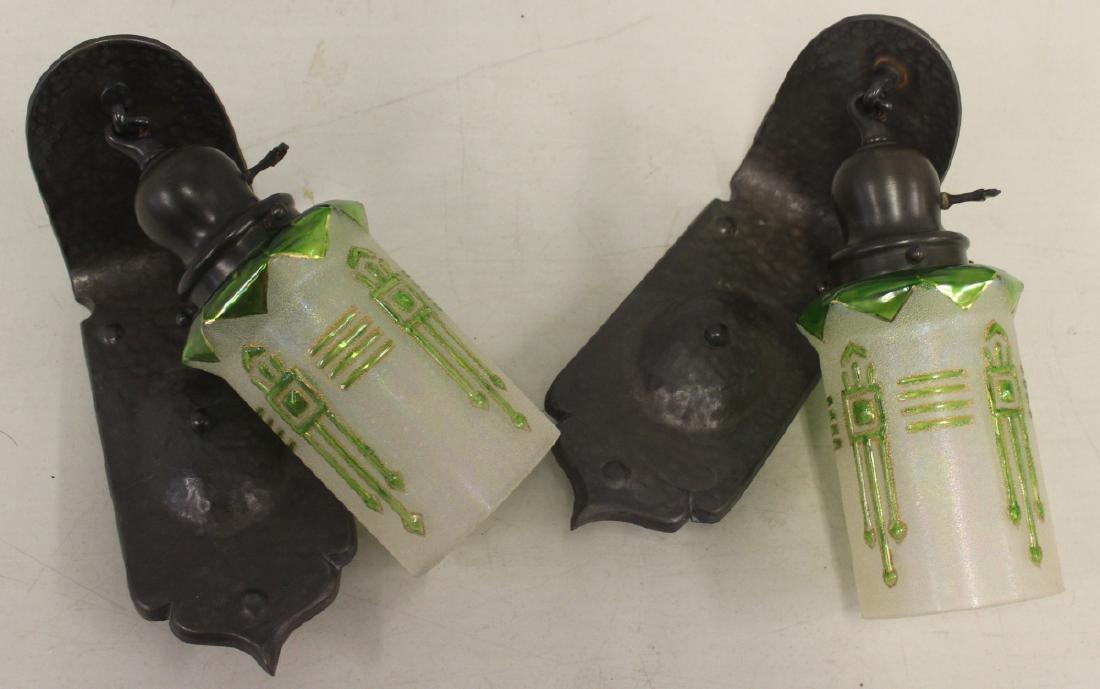 HANDEL. Signed Pair of Sconces: Nice arts and crafts style pair of sconces signed, shades apparently unsigned. From a California estate. - Dimensions: 10" H