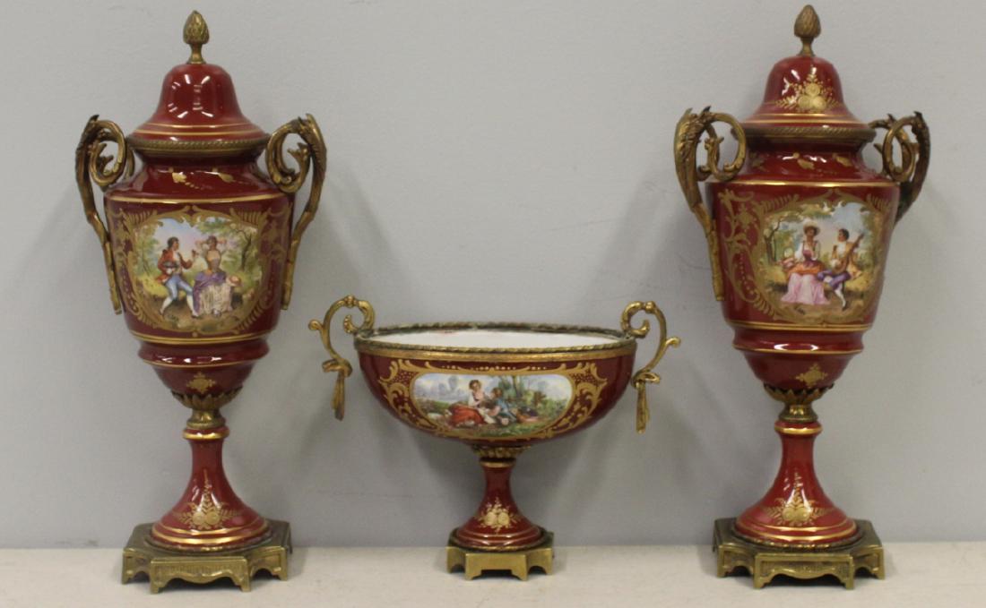 SEVRES Signed 3 Piece Porcelain Garniture Set.: Urns 14" H and center piece 9" x 7".