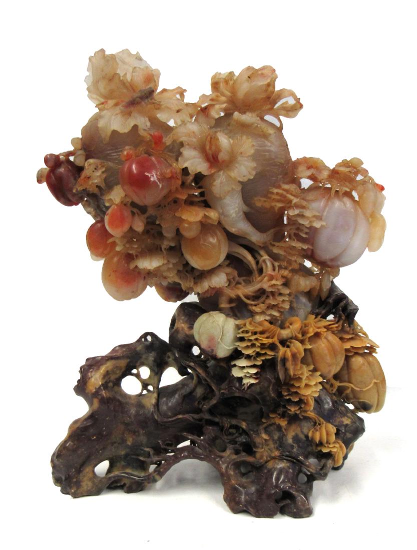 Soapstone Carving of Lychees.: Lychees and grasshoppers in transparent red, white, and russet soapstone. From a Congers, NY estate. - Dimensions: 10" w x 5" d x 12" h.
