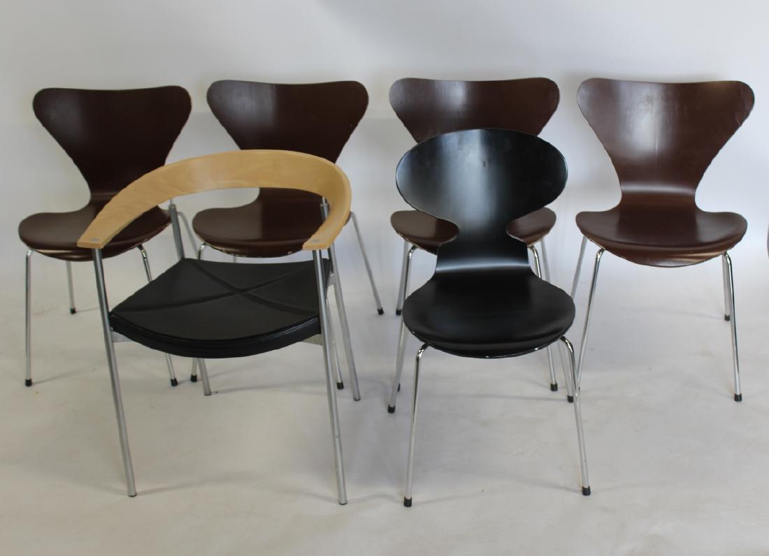 Fritz Hansen Chair Grouping.: To include 1 Arm Chair: 23 1/2" x 19 1/4" x 28 1/2" H, 1 smaller chair 16" x 18" x 31" h and 4 x 19 1/2" x 18 1/2" x 29 1/2" H. From The Danish Consulate N