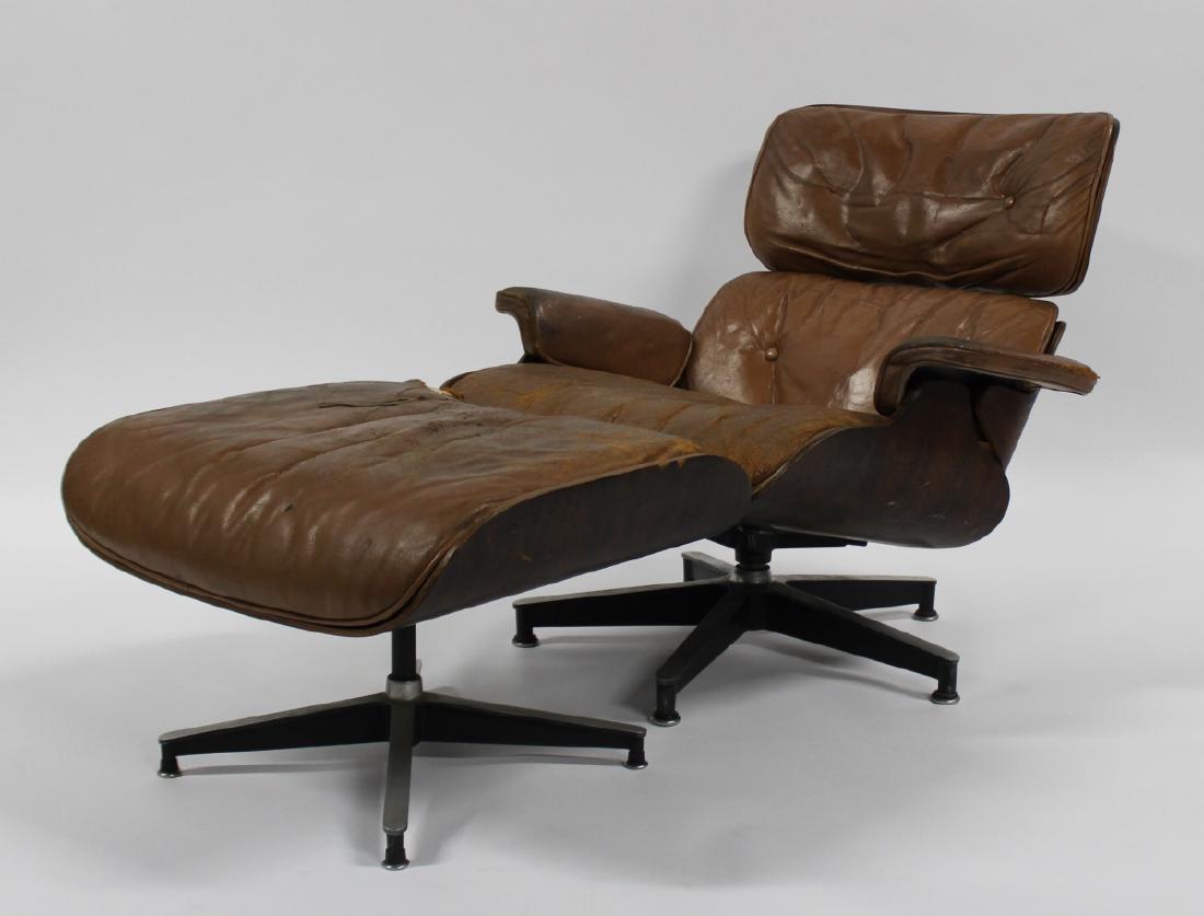 MIDCENTURY. Charles and Ray Eames Lounge Chair: Chair and Ottoman. Upholstery as is and with nice Rosewood frame. From a Peekskill NY estate. - Dimensions: 33.5"x 34" x 30"H Ott. 26"x 21" x 16"H